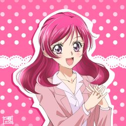 Rule 34 | 1girl, :d, artist name, blazer, commentary, cure nico, dress shirt, highres, interlocked fingers, jacket, kibou no chikara ~otona precure &#039;23~, long sleeves, looking at viewer, medium hair, open mouth, outline, own hands together, pink background, pink hair, pink jacket, polka dot, polka dot background, precure, purple eyes, shirt, smile, solo, upper body, white outline, white shirt, yes! precure 5, yumehara nozomi