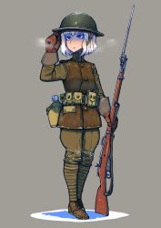 Rule 34 | 1girl, ammunition pouch, bayonet, belt, blonde hair, blue eyes, bolt action, breasts, brown gloves, canteen, erica (naze1940), gloves, gun, helmet, highres, holding, holding gun, holding weapon, military, mosin-nagant, original, parted lips, pouch, rifle, short hair, snow, solo, weapon