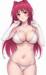 Rule 34 | 1girl, bikini, blush, breasts, choker, cowboy shot, elbow gloves, female focus, gloves, hands up, haoni, highres, kousaka tamaki, large breasts, long hair, looking at viewer, navel, parted lips, red hair, simple background, skindentation, smile, solo, swimsuit, thigh gap, to heart (series), to heart 2, two side up, untied bikini, upper body, white background, white bikini, white gloves, yellow eyes