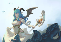 Rule 34 | 1girl, bangle, bigrbear, bird, black wings, blue eyes, blue sky, bracelet, breasts, closed mouth, day, dragon girl, dragon horns, dragon wings, dress, elbow gloves, gloves, highres, hip vent, holding, holding staff, horns, jewelry, large breasts, long hair, orange eyes, original, outdoors, pointy ears, sideboob, skirt hold, sky, solo, staff, underbust, white dress, white gloves, wings