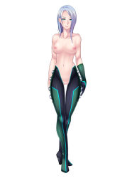 Rule 34 | 1girl, blue hair, bodysuit, breasts, brown hair, butcha-u, character sheet, female focus, flat color, full body, high heels, highres, hyouryuu kangoku chronos, crossed legs, lilith-soft, nude, simple background, skin tight, smile, soiree (chronos), solo, space suit, standing, white background