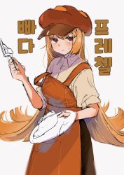 Rule 34 | 1girl, apron, bad id, bad pixiv id, black skirt, breasts, brown apron, brown eyes, butter pretzel cookie, cabbie hat, cookie run, cowboy shot, food-themed hat, hat, highres, holding, holding knife, holding palette, hufy, humanization, knife, korean text, long hair, looking at viewer, orange hair, palette (object), palette knife, shirt, short sleeves, skirt, solo, sweat, unfinished, very long hair, white shirt