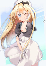 Rule 34 | 1girl, ;), black neckerchief, blonde hair, blue eyes, blue sailor collar, dress, gloves, hand in own hair, hand on own cheek, hand on own face, hat, highres, jervis (kancolle), kantai collection, long hair, looking at viewer, mary janes, metadio, neckerchief, one-hour drawing challenge, one eye closed, sailor collar, sailor dress, sailor hat, shoes, short sleeves, smile, solo, twitter username, white gloves, white hat