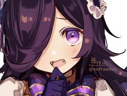 Rule 34 | 1girl, animal ears, black hair, blush, bow, commentary request, fangs, gloves, hair over one eye, hand up, horse ears, looking at viewer, official alternate costume, open mouth, portrait, puffy sleeves, purple bow, purple eyes, purple gloves, rice shower (make up vampire!) (umamusume), rice shower (umamusume), signature, simple background, sofra, solo, striped, striped bow, twitter username, umamusume, white background