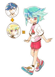 Rule 34 | 3boys, aqua eyes, bhh4321, blue eyes, blue hair, child, copyright name, galo thymos, green hair, highres, if they mated, lio fotia, male focus, multiple boys, promare, purple eyes, shirt, shoes, shorts, simple background, sneakers, t-shirt, white background