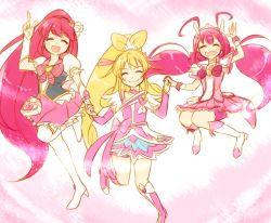 Rule 34 | 10s, 3girls, aida mana, aino megumi, arakawa tarou, asymmetrical clothes, bike shorts, blonde hair, blush, boots, bow, brooch, choker, closed eyes, color connection, crossover, cure happy, cure heart, cure lovely, curly hair, detached sleeves, dokidoki! precure, dress, earrings, eyelashes, hair flip, hair ornament, half updo, happinesscharge precure!, happy, heart, heart brooch, heart hair ornament, high heel boots, high heels, hoshizora miyuki, jewelry, knee boots, kneehighs, long hair, looking at viewer, magical girl, multiple girls, open mouth, pink bow, pink dress, pink footwear, pink hair, pink legwear, pink shorts, pink skirt, ponytail, precure, puffy sleeves, ribbon, shirt, shorts, shorts under skirt, skirt, smile, smile precure!, socks, thigh boots, thighhighs, trait connection, twintails, vest, white choker, white legwear, wide ponytail, wrist cuffs