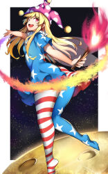 Rule 34 | 1girl, :d, american flag dress, american flag legwear, blonde hair, blue dress, breasts, clownpiece, commentary, convenient censoring, dress, feet, fiery tail, fire, from behind, full body, hair spread out, hat, highres, holding, holding torch, jester cap, knees together feet apart, legs, long hair, long legs, looking at viewer, looking back, moon, nagomian, no shoes, open hand, open mouth, outstretched arms, pantyhose, pink hat, print pantyhose, red dress, red eyes, round teeth, short dress, sidelocks, sky, small breasts, smile, soles, solo, standing, star (sky), starry sky, tail, teeth, thighs, torch, touhou, two-tone dress, upper teeth only, wide hips
