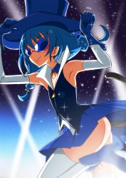 Rule 34 | 1girl, ass, blue-tinted eyewear, blue-tinted glasses, blue cat (precure), blue gloves, blue hair, blue skirt, boots, braid, cat tail, gloves, hat, highres, no panties, pointy ears, precure, skirt, solo, sparkle, star twinkle precure, sunglasses, tail, thighhighs, tinted eyewear, top hat, twin braids, yuto (dialique)
