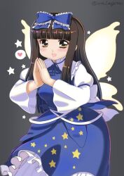 Rule 34 | 1girl, :d, blue bow, blue dress, blue ribbon, blunt bangs, bow, breasts, brown eyes, brown hair, commentary request, dress, fairy wings, frilled bow, frilled shirt collar, frills, gradient background, grey background, hair bow, hamaburicchi, hands up, heart, leaning forward, light blush, long hair, long sleeves, looking at viewer, neck ribbon, open mouth, own hands together, petticoat, ribbon, sidelocks, simple background, small breasts, smile, solo, spoken heart, star (symbol), star sapphire, touhou, twitter username, very long hair, wide sleeves, wings