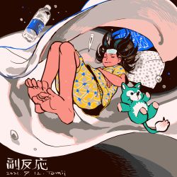 Rule 34 | 1girl, bare legs, barefoot, bed sheet, black hair, bottle, bubble, dated, digital thermometer, closed eyes, floating hair, highres, original, pillow, print shirt, procreate (medium), shirt, short sleeves, signature, solo, thermometer, tomidoron, water bottle