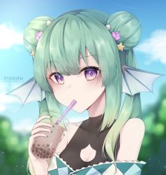 Rule 34 | 1girl, artist name, black leotard, blue sky, breasts, bubble tea, cleavage, cleavage cutout, clothing cutout, cloud, commentary, cup, disposable cup, double bun, drinking, drinking straw, english commentary, finana ryugu, fins, fish girl, flower, green hair, hair between eyes, hair bun, hair flower, hair ornament, head fins, highres, leotard, long hair, looking at viewer, nealayiskah, nijisanji, nijisanji en, purple eyes, purple flower, sky, solo, star (symbol), star hair ornament, upper body, virtual youtuber, watermark