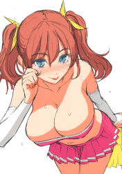 Rule 34 | 1girl, :p, absurdres, blue eyes, blush, breasts, cheerleader, cleavage, cowboy shot, detached sleeves, hair between eyes, twirling hair, highres, homunculus (alchemynote), large breasts, leaning forward, long hair, looking at viewer, midriff, miniskirt, navel, orange hair, original, pleated skirt, pom pom (cheerleading), scan, simple background, sketch, skirt, solo, strapless, sweat, tongue, tongue out, tube top, twintails, white background