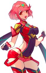 Rule 34 | 1girl, armor, black gloves, bob cut, breasts, chest jewel, covered erect nipples, covered navel, cowboy shot, earrings, fingerless gloves, gloves, highres, jewelry, large breasts, looking at viewer, pyra (xenoblade), red eyes, red hair, red shorts, red thighhighs, short hair, shorts, simple background, skin tight, solo, thighhighs, tiara, ura dora, white background, xenoblade chronicles (series), xenoblade chronicles 2