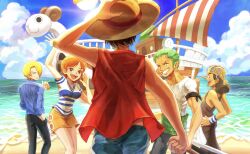 Rule 34 | 1girl, 4boys, :d, arm up, black hair, black pants, blonde hair, blue pants, blue shirt, blue sky, brown hair, cigarette, closed mouth, cloud, day, earrings, going merry, green hair, grin, hair over one eye, highres, jewelry, miniskirt, monkey d. luffy, multiple boys, nami (one piece), ocean, oekakiboya, one piece, open mouth, pants, pencil skirt, red vest, roronoa zoro, sanji (one piece), shirt, short hair, short sleeves, skirt, sky, smile, striped clothes, striped shirt, usopp, vertical-striped clothes, vertical-striped shirt, vest, white shirt, yellow skirt