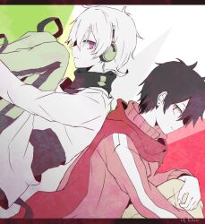 Rule 34 | 2boys, arrow (symbol), back-to-back, black hair, black shirt, casual, collared jacket, dutch angle, fetal position, from side, green background, grey pants, hair between eyes, hand on own leg, headphones, hugging own legs, jacket, kagerou project, kisaragi shintarou, konoha (kagerou project), long bangs, long sleeves, looking at another, looking back, mekakucity actors, multicolored background, multiple boys, pants, pink eyes, pink jacket, popped collar, red background, red scarf, scarf, shirt, short hair, strawberrya mg, track jacket, two-tone shirt, white background, white hair, white pants, white shirt