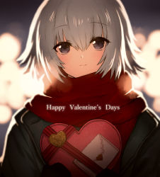 Rule 34 | 1girl, absurdres, black jacket, blurry, blurry background, blush, box, closed mouth, commentary request, depth of field, envelope, gift, gift box, grey eyes, grey hair, hair between eyes, happy valentine, heart-shaped box, highres, holding, holding gift, jacket, looking at viewer, onimaru gonpei, original, red scarf, scarf, short hair, smile, solo, valentine