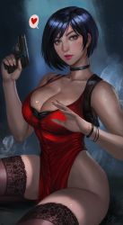 Rule 34 | 1girl, ada wong, bare shoulders, black hair, bob cut, bracelet, breasts, brown eyes, capcom, choker, cleavage, collarbone, commentary, dress, gun, handgun, heart, highres, hip focus, holding, holding gun, holding weapon, holster, jewelry, lace, lace-trimmed legwear, lace trim, large breasts, nail polish, pink nails, pistol, red dress, red lips, resident evil, resident evil 2, resident evil 2 (remake), short hair, shoulder holster, sitting, soffa, swept bangs, thighs, weapon