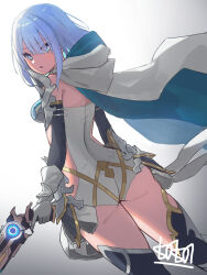 1girl armor ass blue_cape blue_eyes blue_hair bodysuit boots breasts cape commentary_request detached_sleeves dreizehn_(shadowverse) dual_wielding from_below gloves gun highres holding holding_gun holding_weapon isei_sei looking_at_viewer looking_back medium_breasts parted_lips partially_fingerless_gloves shadowverse shadowverse:_worlds_beyond short_hair shoulder_armor simple_background sketch solo thick_thighs thigh_boots thighs two-sided_cape two-sided_fabric weapon white_background white_gloves