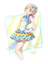 Rule 34 | 1girl, :d, bad id, bad pixiv id, bare shoulders, blue bow, blush, bow, breasts, brown eyes, brown hair, collared shirt, cropped legs, diagonal stripes, hair bow, hands on own hips, idolmaster, idolmaster cinderella girls, jewelry, layered skirt, long hair, looking at viewer, morikubo nono, open mouth, pleated skirt, ring, shirt, skirt, sleeveless, sleeveless shirt, small breasts, smile, solo, striped, striped background, striped bow, sweat, uccow, white background, white shirt, wrist cuffs, yellow skirt