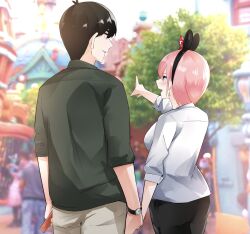 Rule 34 | 1boy, 1girl, absurdres, animal ears, antenna hair, black hair, black hairband, blue eyes, blurry, blurry background, blush, breasts, commentary request, commission, couple, cowboy shot, disneyland, earrings, fake animal ears, from behind, go-toubun no hanayome, green shirt, hair between eyes, hairband, hand up, hetero, highres, holding hands, jewelry, large breasts, long sleeves, looking afar, looking at another, mame1645, mouse ears, nakano ichika, open mouth, orange eyes, parted lips, photo background, pink hair, pointing, pointing forward, profile, shirt, short hair, skeb commission, smile, standing, straight hair, uesugi fuutarou, watch, white shirt, wristwatch