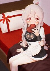 1girl absurdres ahoge alternate_costume apron braid brown_eyes brown_nails candy chocolate chocolate_heart cleavage_cutout clothing_cutout commentary enmaided food frilled_apron frills grey_hair happyundergate heart heart-shaped_food heart_cutout highres light_blush long_hair looking_at_viewer maid nail_polish on_bed onii-chan_wa_oshimai! oyama_mahiro pillow puffy_short_sleeves puffy_sleeves short_sleeves sitting solo thighhighs twin_braids waist_apron white_thighhighs wrist_cuffs