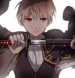 Rule 34 | backlighting, bad id, bad pixiv id, blonde hair, cape, closed mouth, commentary request, gintama, gold trim, hands up, hiiragi fuyuki, holding, holding sword, holding weapon, katana, looking at viewer, male focus, okita sougo, red eyes, scabbard, scarf, sheath, simple background, solo, sword, unsheathing, upper body, vest, weapon, white background, white scarf