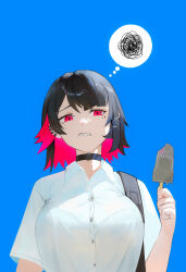 1girl absurdres annoyed black_hair blue_background breasts clenched_teeth colored_inner_hair ear_piercing ellen_joe fins fish_tail food furrowed_brow hair_between_eyes hair_ornament hairclip highres holding holding_food holding_ice_cream ice_cream jewelry large_breasts midfinger mole mole_under_mouth multicolored_hair piercing red_eyes red_hair sharp_teeth shirt short_hair short_sleeves sidelocks simple_background solo tail teeth upper_body white_shirt zenless_zone_zero