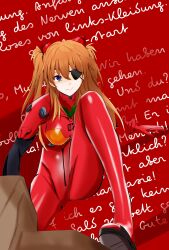 Rule 34 | 1girl, absurdres, artist request, ass, blue eyes, bodysuit, brown hair, cowboy shot, eyepatch, german text, hair between eyes, highres, long hair, neon genesis evangelion, plugsuit, rebuild of evangelion, red background, red bodysuit, shiny clothes, simple background, smile, solo, souryuu asuka langley, turtleneck, twintails, two side up, wide hips