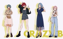 Rule 34 | 4girls, :d, \m/, amagi rinne, arm up, bag, bare shoulders, black footwear, black jacket, blue dress, blue eyes, blue hair, blue pants, boots, breast pocket, breasts, brown footwear, brown shirt, buttons, character name, checkered clothes, checkered shirt, closed mouth, collarbone, collared shirt, commentary request, crazy b (ensemble stars!), crop top, cropped jacket, denim, doughnut, dress, earrings, eating, ensemble stars!, food, food in mouth, genderswap, genderswap (mtf), grey dress, grey hair, grey socks, hair between eyes, hair over shoulder, hand up, head tilt, high heels, highres, himeru (ensemble stars!), holding, holding bag, jacket, jeans, jewelry, large breasts, long hair, looking at viewer, low twintails, medium breasts, medium hair, mochiko (zy), multiple girls, multiple rings, open clothes, open jacket, open mouth, oukawa kohaku, pants, parted bangs, parted lips, pink hair, plaid, plaid dress, pleated skirt, pocket, ponytail, purple eyes, red hair, ring, scrunchie, see-through, see-through dress, shadow, shiina niki, shirt, shoes, short sleeves, short twintails, shoulder bag, sidelocks, simple background, skirt, sleeveless, sleeveless shirt, sleeves past elbows, smile, socks, standing, strapless, strapless dress, strappy heels, teeth, torn clothes, torn pants, twintails, upper teeth only, white background, white bag, white skirt, wing collar, wrist scrunchie, yellow eyes, yellow scrunchie