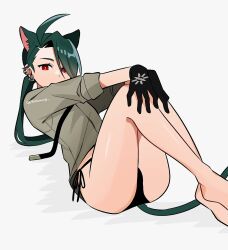Rule 34 | 1girl, ahoge, androgynous, animal ears, bare legs, barefoot, black gloves, black necktie, black panties, bright pupils, cat ears, cat girl, cat tail, collared shirt, commentary request, covered mouth, creatures (company), ear piercing, earrings, feet, game freak, genjitsu o miro, gloves, green hair, grey background, grey shirt, highres, jewelry, kemonomimi mode, knees up, legs, long hair, looking at viewer, necktie, nintendo, no pants, panties, piercing, pokemon, pokemon sv, ponytail, red eyes, rika (pokemon), shirt, side-tie panties, simple background, sleeves rolled up, solo, tail, thighs, twitter username, underwear, white pupils