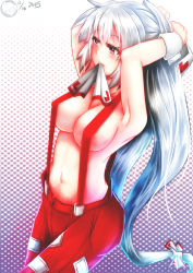 Rule 34 | 1girl, adjusting hair, alternate hair color, arkfield, artist name, blue hair, breasts, covered erect nipples, dated, fujiwara no mokou, gradient background, gradient hair, highres, hip focus, large breasts, long hair, mouth hold, multicolored hair, naked suspenders, navel, no shirt, polka dot, polka dot background, red eyes, signature, silver hair, solo, suspenders, touhou, tying hair, very long hair, white background, wrist cuffs