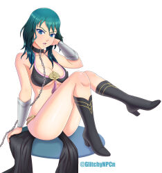 Rule 34 | 1girl, aqua eyes, aqua hair, arm at side, armpits, artist name, ass, bare shoulders, black bra, black footwear, black loincloth, boots, bra, bracelet, breasts, byleth (female) (fire emblem), byleth (fire emblem), chain, chained, cleavage, clenched hands, collar, collarbone, disgust, eyelashes, female focus, fire emblem, fire emblem: three houses, full body, glitchynpc, hand on own face, hand up, high heel boots, high heels, highres, intelligent systems, jewelry, knees up, leg up, legs, loincloth, looking at viewer, matching hair/eyes, medium breasts, medium hair, midriff, neck, nintendo, no panties, open mouth, parted bangs, pelvic curtain, sidelocks, simple background, slave, thighs, thighs together, underboob, underwear, wavy hair, white background