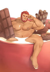 Rule 34 | 1boy, abs, absurdres, armpit hair, bara, beard, biceps, candy, chest hair, chocolate, chocolate bar, completely nude, cup, dark-skinned male, dark skin, elbow rest, facial hair, fate/grand order, fate (series), feiya6022, food, highres, in container, in cup, iskandar (fate), large pectorals, leg hair, looking at viewer, male focus, mature male, milk, mini person, miniboy, mug, muscular, muscular male, navel, navel hair, nipples, nude, partially submerged, pectorals, seductive smile, short hair, smile, smirk, solo, stomach, thick eyebrows, thick thighs, thighs, valentine, white background