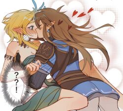 Rule 34 | !?, 1boy, 1girl, ?, ??, archaic set (zelda), bare shoulders, between legs, black gloves, blonde hair, blue tunic, blush, breasts, brown hair, cleavage, closed eyes, couple, dragon horns, dress, earrings, fingerless gloves, gloves, green eyes, heart, hetero, highres, horns, hug, jewelry, kiss, light dragon (zelda), link, long hair, looking at another, medium breasts, nintendo, official alternate costume, pointy ears, princess zelda, short hair, shuo yue, simple background, spoken heart, surprise kiss, surprised, the legend of zelda, the legend of zelda: tears of the kingdom, thought bubble, white dress