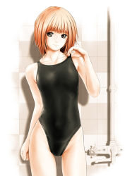 Rule 34 | 1girl, absurdres, black eyes, competition swimsuit, faucet, female focus, gradient background, highres, kirin404, one-piece swimsuit, orange hair, original, revision, short hair, solo, swimsuit, white background