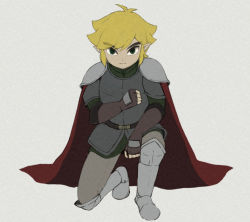 Rule 34 | 1boy, aged up, alternate costume, armor, black eyes, blonde hair, breastplate, cape, eyes visible through hair, fingerless gloves, gloves, greaves, grey background, kneeling, knight, link, looking at viewer, male focus, armored boots, nintendo, on one knee, pauldrons, pointy ears, serious, short hair, shoulder armor, simple background, solo, the legend of zelda, the legend of zelda: the wind waker, toon link, usushira