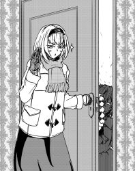 Rule 34 | 2girls, alice margatroid, angry, coat, collared shirt, commentary, commentary request, door, doorknob, frilled shirt collar, frills, garlic, gloves, greyscale, headband, koyubi (littlefinger1988), monochrome, multiple girls, neckwear request, opening, opening door, parted lips, remilia scarlet, ribbon, scarf, shirt, short hair, skirt, touhou, wall, wallpaper (object)