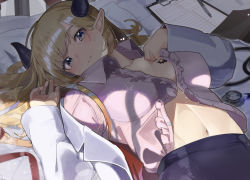 Rule 34 | 1girl, bat tattoo, blonde hair, book, breast tattoo, breasts, buttons, center frills, clipboard, collarbone, commentary request, demon girl, demon horns, frills, from above, green eyes, highres, hololive, horns, lab coat, long hair, long sleeves, looking at viewer, lying, medium breasts, navel, on back, open clothes, open shirt, parted lips, pen, pillow, pink shirt, pointy ears, purple skirt, shirt, skirt, solo, stethoscope, stomach, tatedano kabae, tattoo, unbuttoned, virtual youtuber, wing collar, winged heart, yuzuki choco, yuzuki choco (1st costume)