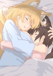 Rule 34 | 2girls, animal ear fluff, animal ear piercing, animal ears, blonde hair, breasts, brown hair, cat ears, cat tail, chen, closed eyes, commentary, earrings, extra ears, fox tail, from above, highres, jewelry, large breasts, light blush, multiple girls, multiple tails, nekomata, no headwear, parted lips, petite, shiratsuki shiori, short hair, single earring, size difference, sleeping, symbol-only commentary, tail, touhou, two tails, yakumo ran, zzz