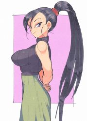 Rule 34 | 1girl, alternate costume, arms behind back, bare shoulders, black hair, breasts, closed mouth, dragon quest, dragon quest xi, earrings, from side, green skirt, hair pulled back, high ponytail, highres, inkerton-kun, jewelry, large breasts, long hair, long skirt, looking at viewer, martina (dq11), ponytail, purple background, purple eyes, ribbed sweater, skirt, sleeveless, sleeveless sweater, smile, solo, sweater, sweater tucked in, turtleneck, turtleneck sweater, very long hair