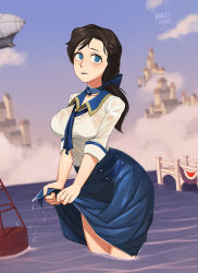 Rule 34 | 1girl, aircraft, airship, barleyshake, bioshock, bioshock (series), bioshock infinite, black hair, blue eyes, blue skirt, blue sky, bow, braid, breasts, building, choker, cloud, commentary, dirigible, elizabeth (bioshock infinite), english commentary, hair bow, highres, long hair, looking at viewer, neckerchief, outdoors, partially submerged, ponytail, see-through, shirt, signature, skirt, sky, solo, water, wet, wet clothes, wet shirt, wringing clothes, wringing skirt