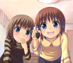 Rule 34 | 2girls, beidan, brown hair, casual, child, covering face, covering own mouth, covering privates, marker, multiple girls, open mouth, original, short hair, smile, striped