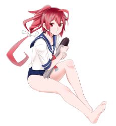 Rule 34 | 10s, 1girl, bad id, bad pixiv id, barefoot, full body, hair ribbon, i-168 (kancolle), kantai collection, long hair, looking at viewer, ojipon, ponytail, red eyes, red hair, ribbon, solo, swimsuit, torpedo, white background