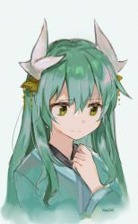 Rule 34 | 1girl, blue kimono, closed mouth, commentary request, fate/grand order, fate (series), green eyes, green hair, grey background, hair between eyes, hand up, horn ornament, horns, japanese clothes, kimono, kiyohime (fate), long hair, long sleeves, mochii, signature, simple background, solo, upper body, wet, wide sleeves