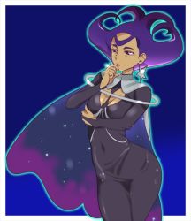 Rule 34 | 1girl, bad id, bad pixiv id, black bodysuit, black cape, blue outline, bodysuit, border, breasts, cape, cleavage, cleavage cutout, closed mouth, clothing cutout, covered navel, cowboy shot, creatures (company), earrings, expressionless, game freak, gym leader, hand on own face, jewelry, looking afar, looking away, medium breasts, nintendo, olympia (pokemon), outline, outside border, pokemon, pokemon xy, purple eyes, purple hair, red lips, solo, standing, star (symbol), star earrings, white border, zaitsu