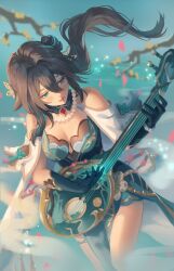 Rule 34 | 1girl, aqua dress, aqua eyes, bare shoulders, black hair, blue gloves, chinese clothes, clothing cutout, commentary, cowboy shot, dress, gloves, highres, holding, holding instrument, honkai: star rail, honkai (series), instrument, long hair, ponytail, ruan mei (honkai: star rail), short sleeves, shoulder cutout, solo, standing, wernope