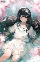 Rule 34 | 1girl, aqua eyes, arm support, black hair, blush, cherry blossoms, closed mouth, collarbone, commentary request, falling petals, floating hair, highres, inaeda kei, light frown, long hair, looking at viewer, midriff peek, navel, neckerchief, original, partially submerged, petals, petals on liquid, reclining, sailor collar, shirt, skirt, solo, tsurime, twitter username, very long hair, wet, wet clothes, white headwear, white neckerchief, white sailor collar, white shirt, white skirt