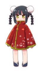 Rule 34 | &gt;:), 1girl, black footwear, black hair, blush, braid, brown eyes, bun cover, china dress, chinese clothes, closed mouth, double bun, dress, full body, hair bun, highres, long sleeves, naga u, original, red dress, shoes, sidelocks, simple background, sleeves past wrists, smile, solo, standing, twin braids, twintails, v-shaped eyebrows, white background, wide sleeves