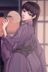 Rule 34 | 1girl, artist name, bad id, bad pixiv id, black hair, brown eyes, closed mouth, from behind, hand fan, highres, hitsuji no uta, holding, holding fan, japanese clothes, kimono, long hair, looking at viewer, miura-n315, mole, mole under eye, multiple moles, nose, paper fan, purple kimono, solo, standing, takashiro chizuna