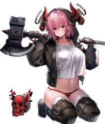 Rule 34 | 1girl, absurdres, axe, battle axe, bikini, bikini bottom only, bikini under clothes, black footwear, black gloves, black jacket, blush, boots, bra strap, breasts, brown thighhighs, collarbone, crop top, crop top overhang, demon horns, gloves, groin, hair between eyes, halterneck, hands up, highres, holding, holding axe, holding weapon, hood, hooded jacket, horns, huge filesize, jacket, large breasts, long sleeves, looking at viewer, navel, no pants, open clothes, open jacket, original, over shoulder, parted lips, pink hair, red bikini, red eyes, red horns, rota (078), shirt, short hair, simple background, sitting, skindentation, skull, solo, stomach, sweatdrop, swimsuit, thigh boots, thighhighs, thighs, underwear, weapon, weapon over shoulder, white background, white shirt, white thighhighs